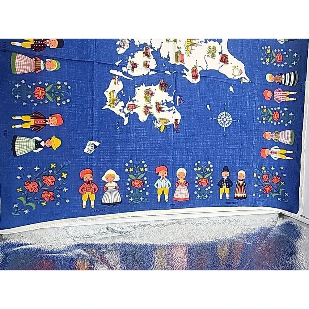 Vtg Tablecloth Fabric Ingrid Pedersen Denmark Souvenir 36” By 36” Blue